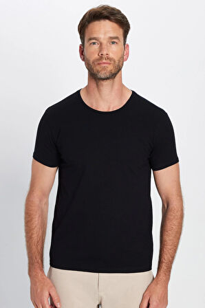 Erkek Slim Fit Dar Kesim Pamuklu Yumuşak Doku Likralı Esnek Kumaş Basic Siyah Bisiklet Yaka Tişört