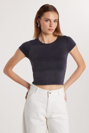 Kadın Slim Fit Dar Kesim Düz Basic Bisiklet Yaka Antrasit Tişört