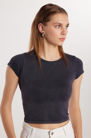 Kadın Slim Fit Dar Kesim Düz Basic Bisiklet Yaka Antrasit Tişört