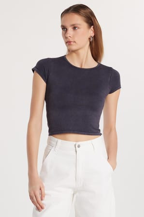 Kadın Slim Fit Dar Kesim Düz Basic Bisiklet Yaka Antrasit Tişört