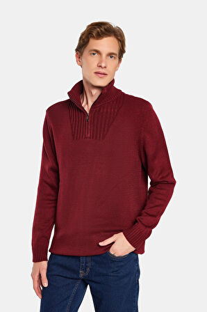 Erkek Slim Fit Dar Kesim Armürlü Fermuarlı Bordo Dik Yaka Kazak