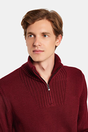 Erkek Slim Fit Dar Kesim Armürlü Fermuarlı Bordo Dik Yaka Kazak