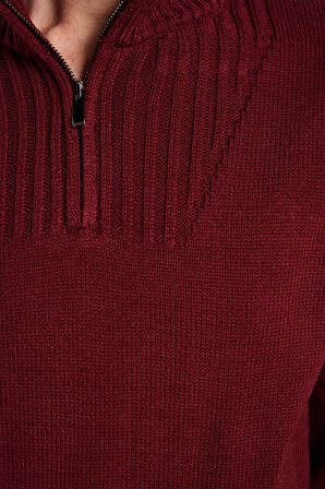Erkek Slim Fit Dar Kesim Armürlü Fermuarlı Bordo Dik Yaka Kazak
