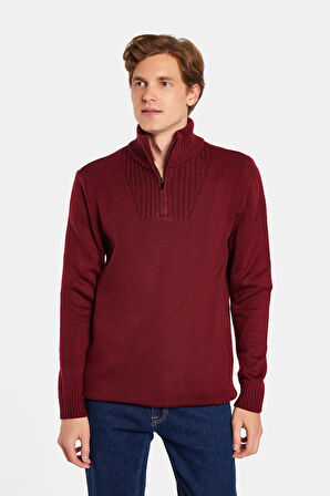 Erkek Slim Fit Dar Kesim Armürlü Fermuarlı Bordo Dik Yaka Kazak
