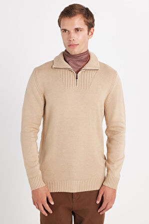 Erkek Slim Fit Dar Kesim Armürlü Fermuarlı Taş Dik Yaka Kazak