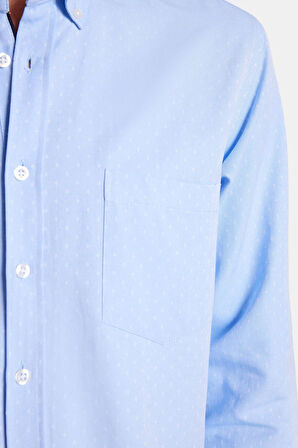 ​​​​​​​ Erkek Regular Fit Klasik Kesim Pamuklu Kolay Ütü Armürlü Mavi Düğmeli Yaka Gömlek