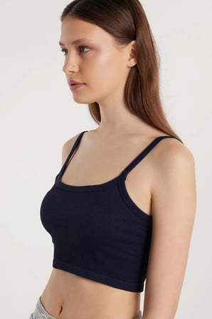 Kadın Slim Fit Kare Yaka Düz Basic Lacivert Crop Atlet