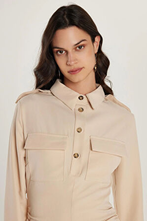 Kadın Standart Fit Düğmeli Polo Yaka Uzun Kollu Çift Çepli Önden Yırtmaçlı Midi Boy Bej Elbise