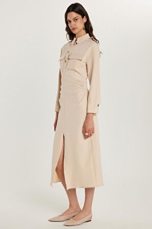 Kadın Standart Fit Düğmeli Polo Yaka Uzun Kollu Çift Çepli Önden Yırtmaçlı Midi Boy Bej Elbise