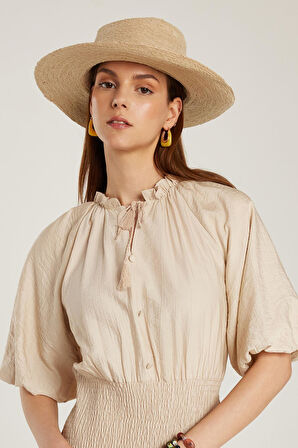 Kadın Standart Fit Beli Lastikli Paraşüt Kumaş Kısa Kollu V Yaka Midi Boy Bej Elbise