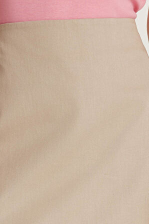 Kadın Slim Fit Dar Kesim %100 Pamuk Mini Bej Etek