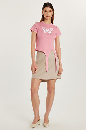 Kadın Slim Fit Dar Kesim %100 Pamuk Mini Bej Etek