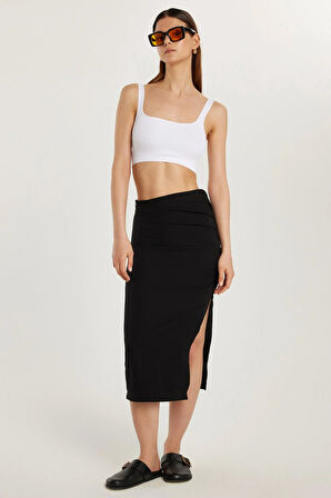 Kadın Slim Fit Dar Kesim Fermuarlı Yırtmaçlı Siyah Etek