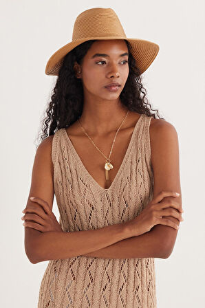 Kadın Standart Fit Akrilik Örme Desenli V Yaka Asklı Kahverengi Plaj Elbise