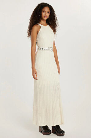 Kadın Slim Fit Dar Kesim Örgü Desen Bisiklet Yaka Ekru Elbise