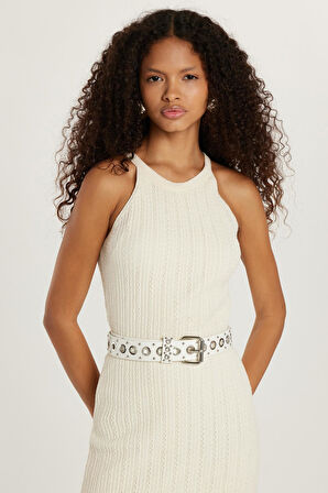 Kadın Slim Fit Dar Kesim Örgü Desen Bisiklet Yaka Ekru Elbise