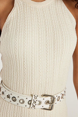 Kadın Slim Fit Dar Kesim Örgü Desen Bisiklet Yaka Ekru Elbise