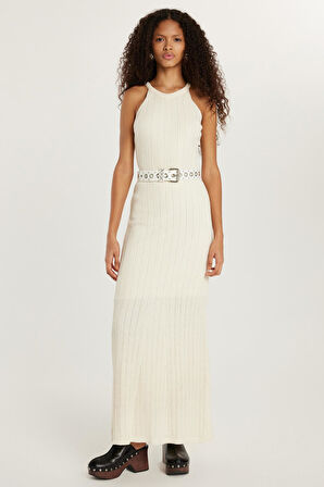 Kadın Slim Fit Dar Kesim Örgü Desen Bisiklet Yaka Ekru Elbise