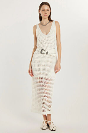 Kadın Standart Fit Desenli U Yaka Ekru Elbise