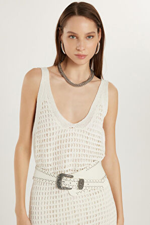 Kadın Standart Fit Desenli U Yaka Ekru Elbise