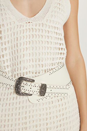 Kadın Standart Fit Desenli U Yaka Ekru Elbise