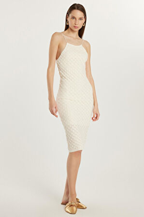 Kadın Standart Fit İnce Askılı Desenli U Yaka Ekru Elbise