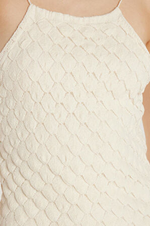 Kadın Standart Fit İnce Askılı Desenli U Yaka Ekru Elbise