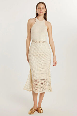 Kadın Standart Fit Örme Detaylı Bisiklet Yaka Ekru Elbise