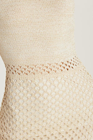 Kadın Standart Fit Örme Detaylı Bisiklet Yaka Ekru Elbise