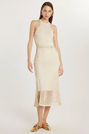 Kadın Standart Fit Örme Detaylı Bisiklet Yaka Ekru Elbise