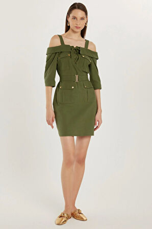 Kadın Slim Fit %100 Pamuk Uzun Kollu Keten Görünümlü Dört Cepli Askılı Yaka Haki Elbise