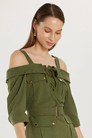 Kadın Slim Fit %100 Pamuk Uzun Kollu Keten Görünümlü Dört Cepli Askılı Yaka Haki Elbise