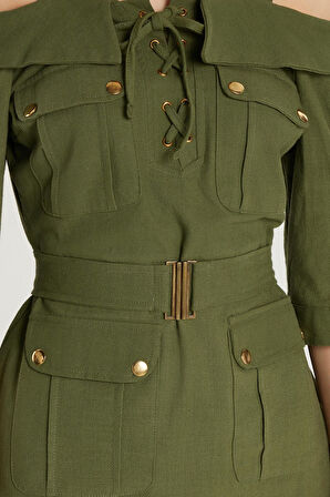 Kadın Slim Fit %100 Pamuk Uzun Kollu Keten Görünümlü Dört Cepli Askılı Yaka Haki Elbise