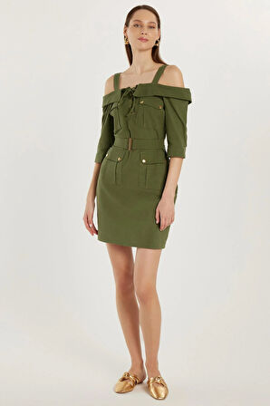 Kadın Slim Fit %100 Pamuk Uzun Kollu Keten Görünümlü Dört Cepli Askılı Yaka Haki Elbise