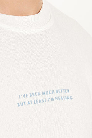 Erkek Slim Fit Dar Kesim Pamuklu Ribanalı Baskılı Beyaz Bisiklet Yaka Tişört