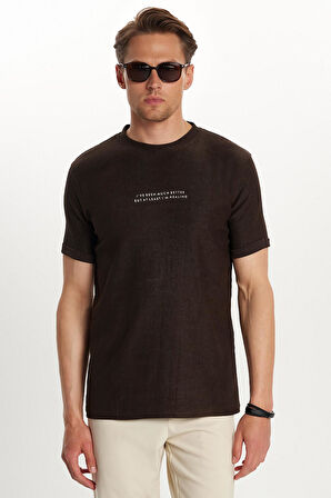 Erkek Slim Fit Dar Kesim Pamuklu Ribanalı Baskılı Kahverengi Bisiklet Yaka Tişört