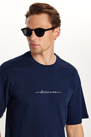 Erkek Slim Fit Dar Kesim Pamuklu Baskılı Lacivert Bisiklet Yaka Tişört