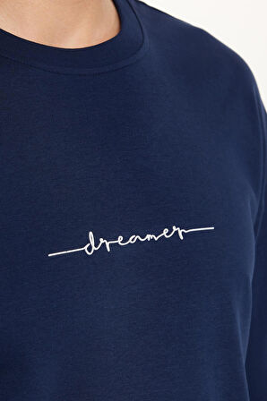 Erkek Slim Fit Dar Kesim Pamuklu Baskılı Lacivert Bisiklet Yaka Tişört