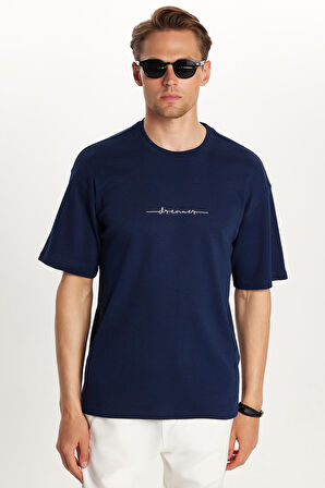 Erkek Slim Fit Dar Kesim Pamuklu Baskılı Lacivert Bisiklet Yaka Tişört