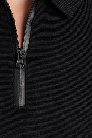 Erkek Standart Fit Pamuklu Fermuarlı Polo Yaka Beli Bağcıklı Siyah Eşofman Takımı