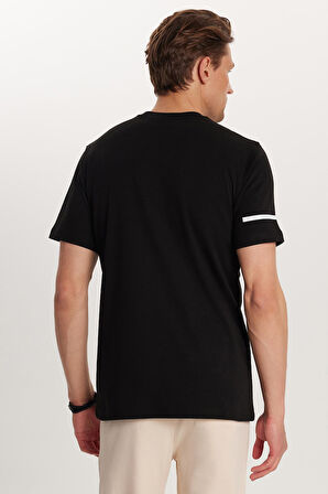 Erkek Slim Fit Dar Kesim Pamuklu Düz Basic Baskılı Bisiklet Yaka Siyah Tişört