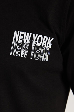 Erkek Slim Fit Dar Kesim Pamuklu Düz Basic Baskılı Bisiklet Yaka Siyah Tişört