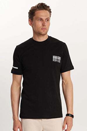 Erkek Slim Fit Dar Kesim Pamuklu Düz Basic Baskılı Bisiklet Yaka Siyah Tişört