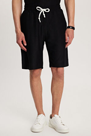 Erkek Standart Fit Pamuklu Jakarlı Baskılı Bisiklet Yaka Beli Bağcıklı Siyah Şort Takım