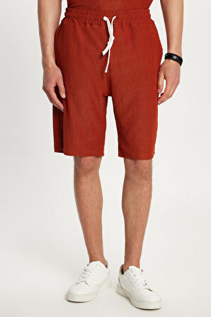 Erkek Standart Fit Pamuklu Jakarlı Baskılı Bisiklet Yaka Beli Bağcıklı Kiremit Şort Takım