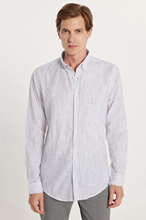 Erkek Slim Fit Dar Kesim Düğmeli Spor Yaka Keten Efekt %100 Pamuk Lacivert Çizgili Yazlık Gömlek
