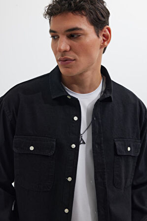 Erkek Relax Fit Rahat Kesim Spor Yaka Çift Cep Kapaklı Denim Siyah Gömlek