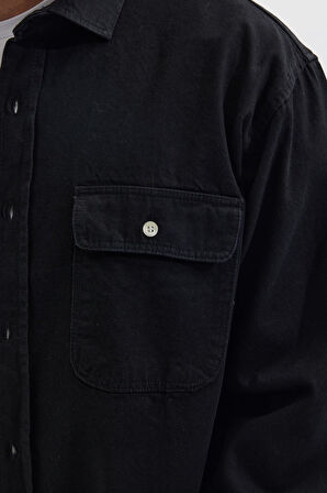 Erkek Relax Fit Rahat Kesim Spor Yaka Çift Cep Kapaklı Denim Siyah Gömlek