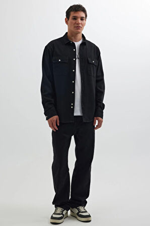 Erkek Relax Fit Rahat Kesim Spor Yaka Çift Cep Kapaklı Denim Siyah Gömlek