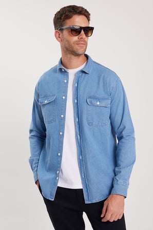 Erkek Relax Fit Rahat Kesim Spor Yaka Çift Cep Kapaklı Denim Gömlek